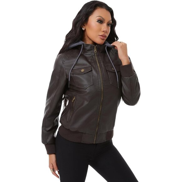 Women Coffee Faux Leather Waterproof Motorcycle Bomber Biker Jacket - Picture 2 of 8